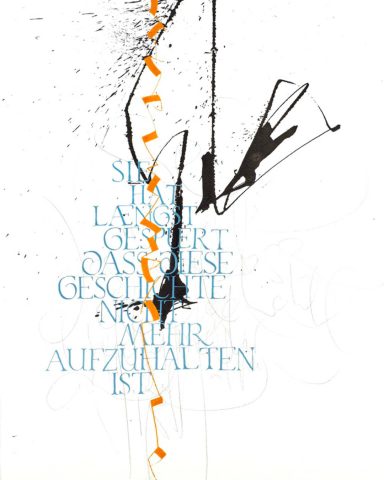 Moderne Kalligrafie mit blauen und gelben Schriftelementen und schwarzer Schriftspur.