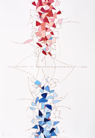 Blaue und rote Schriftelemente. Kalligrafie